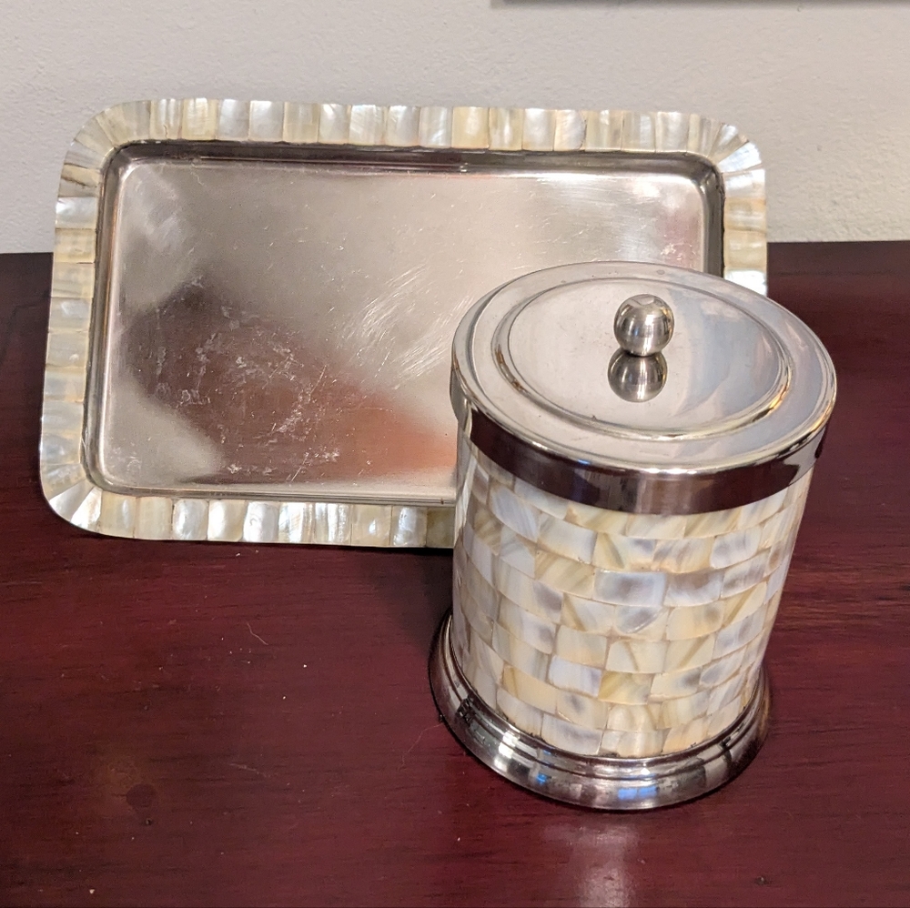 Pier One Mother Of Pearl Chrome Shiny Bath Accessories Lidded Canister Tray 2 Pc